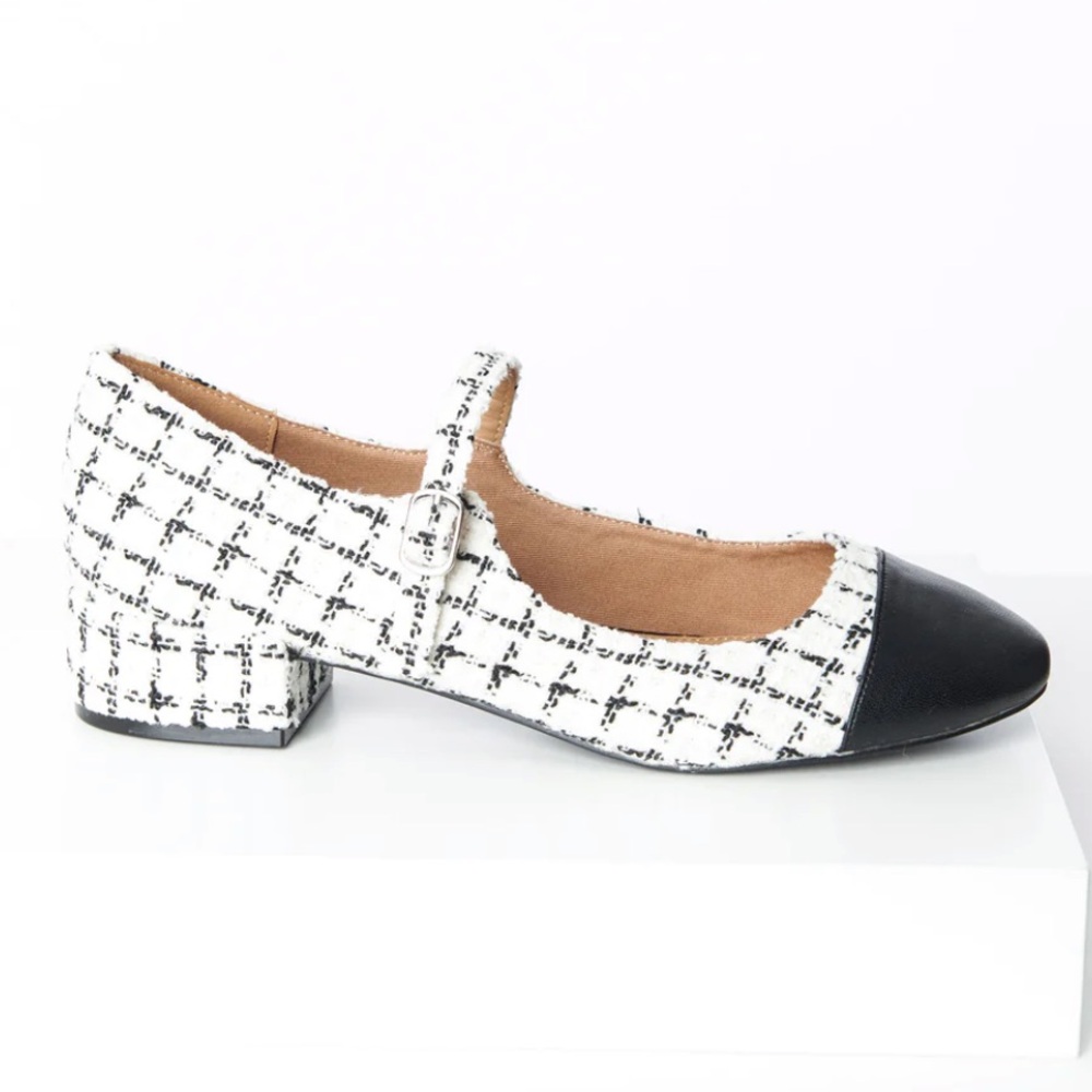 Unique Vintage Bamboo White & Black Window Pane Plaid Tweed Mary Jane Heels
